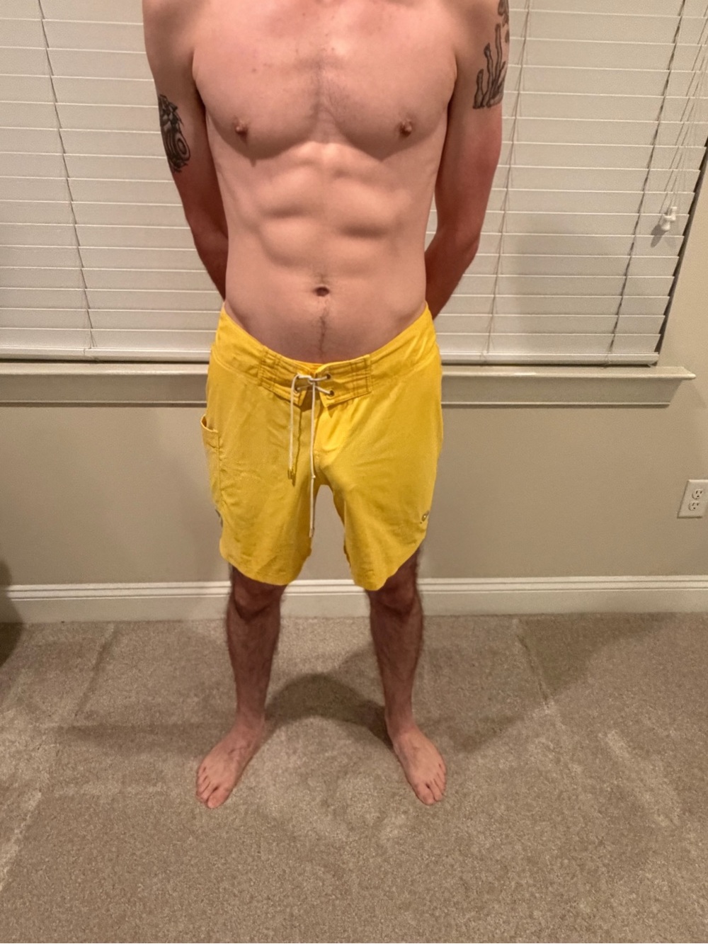 Men's Yellow BANG Swim Trunks - Classic Drawstring Beach Short medium